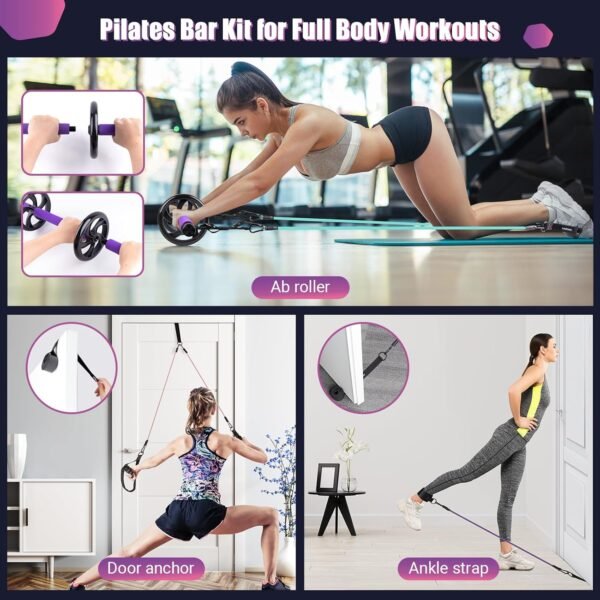 Pilates Bar Kit with Resistance Bands, Multifunctinal Exercise Bar with Ab Roller for Pilates/Abs/Weight Loss, Portable Home Gym Pilates bar kit for Full Body Training Women - Image 7