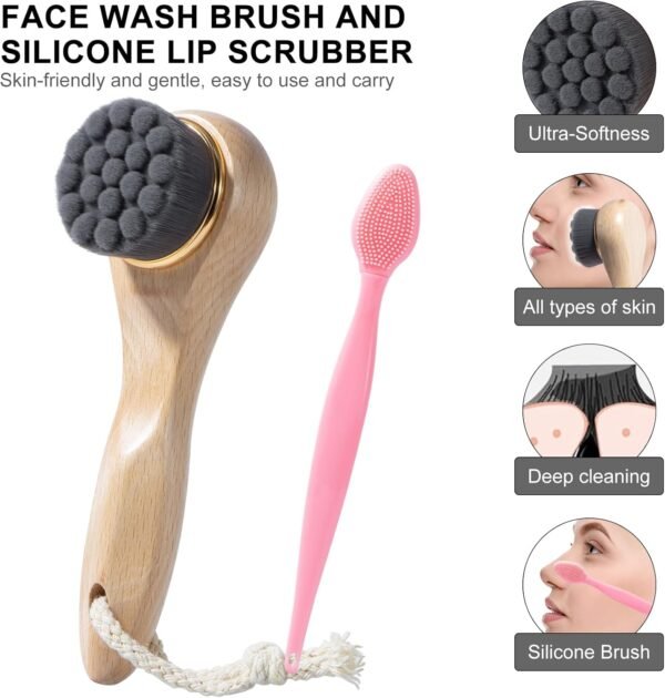 Face Scrubber with Wooden Handle, Manual Facial Cleansing Brushes for Deep Pore Cleansing, Soft Bamboo Charcoal Fiber Exfoliating Face Wash Brush and Silicone Lip Scrubber for Face Care, Black - Image 4
