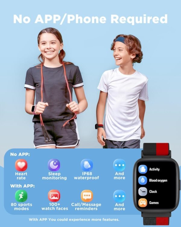 BIGGERFIVE Smart Watch for Kids, 1.8" Fitness Tracker Watch Pedometer, Heart Rate, IP68 Waterproof, Sleep Monitor, Calorie Step Counter, Puzzle Game with/Without APP for Girls Boys Teens 5-16, Nylon - Image 3