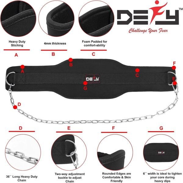 DEFY Dip Belt for Weight Lifting with 36" Steel Chain - 370 lbs weightlifting capacity - Neoprene Gym powerlifting belt for powerlifting & strength training for men & women - Image 6