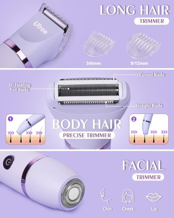 Ufree Bikini Trimmer for Women, Electric Razors for Women, Rechargeable Pubic Hair Trimmer Womens Electric Shaver for Legs Body Hair, Bikini Shaver IPX7 Waterproof, Gifts for Women, Purple - Image 3