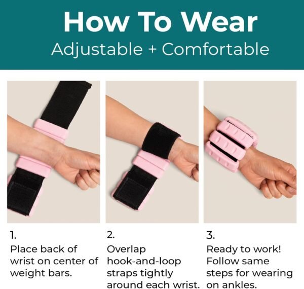 Home Gym Weights for Women - Pink - Set of 2 (1lb), Adjustable Wearable Ankle and Wrist Weights, Yoga, Dance, Barre, Pilates, Cardio, Aerobics, Walking - Image 7