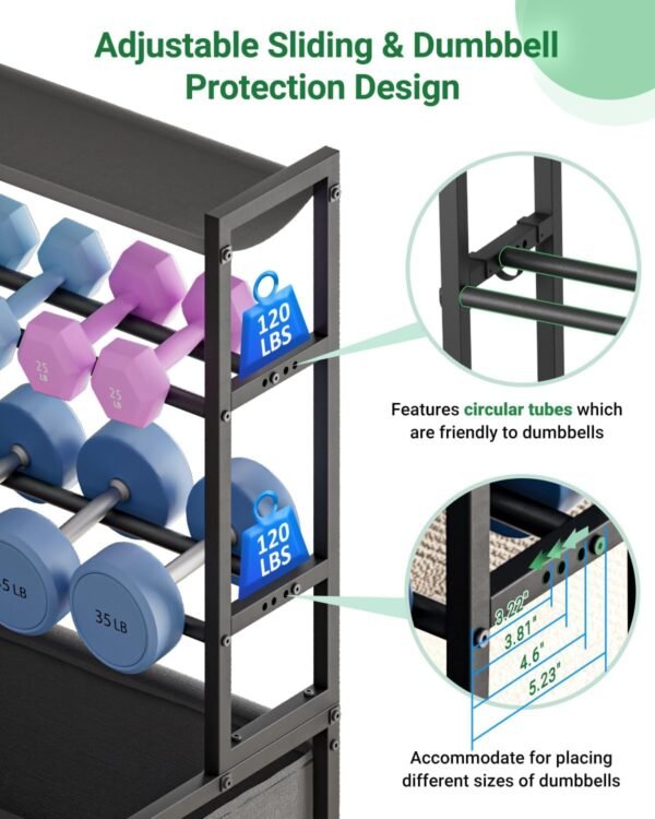 Adjustable Dumbbell Rack, Weight Rack for Dumbbells, Home Gym Storage for Dumbbells Kettlebells Yoga Mat Ball, All in One Workout Equipment Organizer with Caster - Image 5