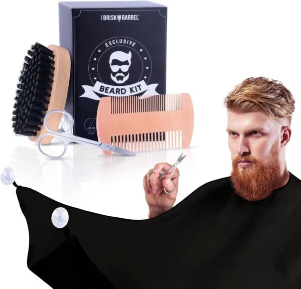 Beard Grooming Kit for Men 4 in 1. Beard Brush for Men and Comb Set with Messy Free Bib Apron, Mustache Scissors. Natural Brush and Dual Action Comb. Men's Grooming. Valentine's Gift for Husband, Men - Image 2
