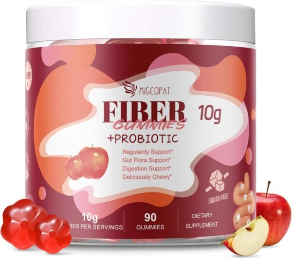 Fiber Gummies with Probiotics,10G Fiber per Serving No Sugar Added Apple Flavor, Fiber with 10 Billion CFU Probiotics Blend, Apple Cider Vinegar, Vitamin C, Inulin, Bloating Support 90 Count - Image 2