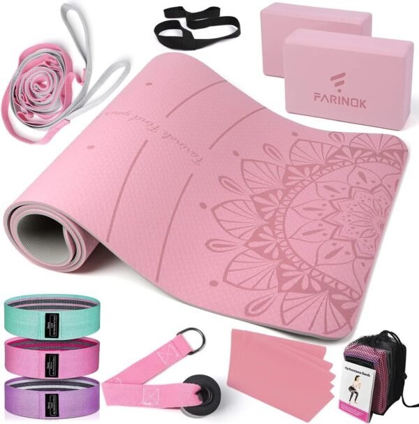 1/3 Yoga Mat Thick, Yoga Set for Beginners Include High Density Yoga Mat with Multi-loops Yoga Strap, Yoga Blocks, Booty Resistance Band Set, Door Anchor, Carring Bag & Strap - Image 2