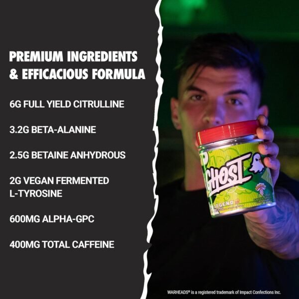 GHOST Legend All Out Pre-Workout Powder, Warheads Sour Green Apple - 20 Servings - Pre-Workout Supplement for Men & Women - Energy & Pumps - Caffeine, L-Citrulline, & Beta Alanine Blend - Sugar Free - Image 4