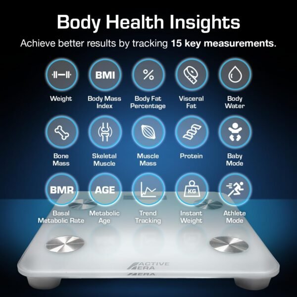 Active Era Digital Bathroom Bluetooth Scales Weight and Body Fat - Fit Track Scale Calculates BMI, Body Fat Percentage, Muscle Mass - Apple Health, Google Fit & Fitbit Compatibility (White) - Image 4