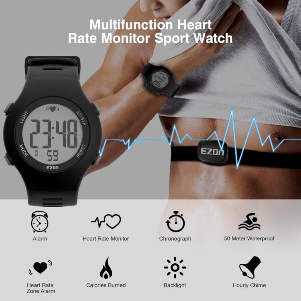 EZON Heart Rate Monitor Chest Strap and Digital Watch,5ATM Waterproof Fitness Tracker with HRM, Stopwatch and Hourly Chime - Ideal Fitness Presents for Men and Women - Image 3