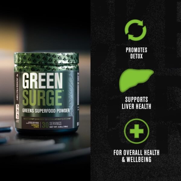 Jacked Factory Green Surge Green Superfood Powder- Keto Friendly Greens Drink w/Spirulina, Wheat & Barley Grass, Organic Greens - Green Tea Extract, Probiotics & Digestive Enzymes - Sour Apple - 30sv - Image 3