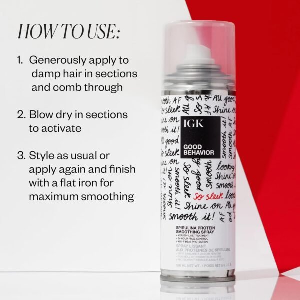 IGK GOOD BEHAVIOR Spirulina Protein Smoothing Spray | Keratin Like Treatment + Frizz Control + Heat Protectant | Vegan + Cruelty Free | - Image 6