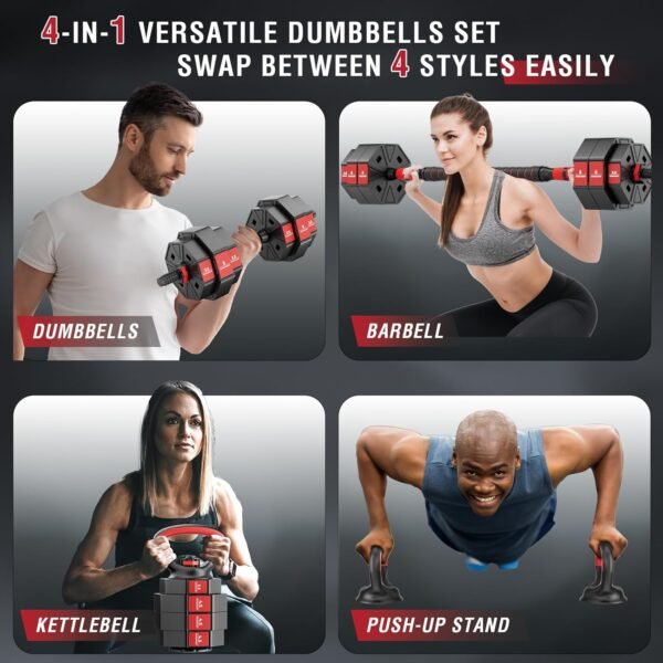 BIERDORF Adjustable Weights Dumbbells Set 50LB/60LB/80LB with 2 Adjustable Kettlebell and 4 Barbell Clips Free Weights Dumbbells Set 4 In 1 Used as Kettlebell Barbell Dumbbell Push Up Bar for Home Gym - Image 3