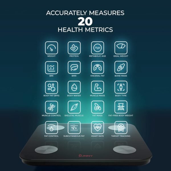 Sunny Health & Fitness 20 Metric Advanced Body Fat Composition BMI Scale with Health Tracker & Analyzer App - Smart Bathroom Scale for Body Weight, Metabolic Age, BMR, Fat Mass and More – SF-WS022063 - Image 4