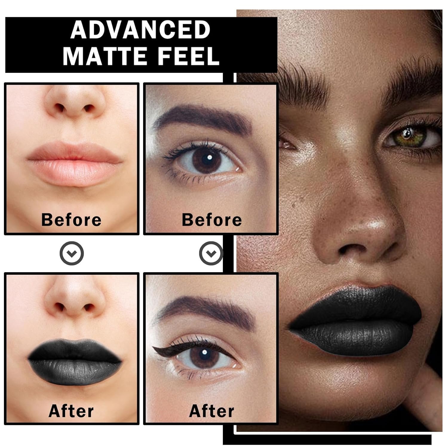 CAHIUYOA 2PCS Black Matte Lipstick Lip Liner Makeup Set,Liquid Black Lipstick Lip Gloss Lip Stain Waterproof Long Lasting,Black Lip Liner and Lipstick Set for Halloween Cosplay Goth Makeup - Image 4