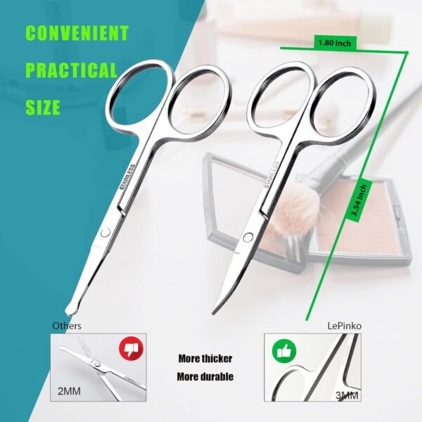 Facial Hair Small Grooming Scissors For Men Women - Eyebrow, Nose Hair, Mustache, Beard, Eyelashes, Ear Trimming Kit - Curved and Rounded Safety Tip Clippers For Hair Cutting - 2PCS Silver - Image 5