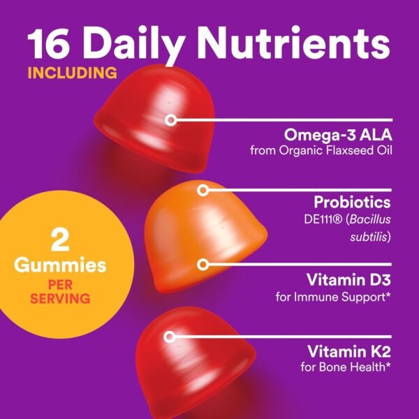 SmartyPants Organic Toddler Multivitamin Gummies: Probiotics, Omega 3 (ALA), Vitamin D3, C, Vitamin B12, B6, A, K & Zinc, Beta Carotene, Gluten Free, Three Fruit Flavors, 60 Count (30 Day Supply) - Image 5