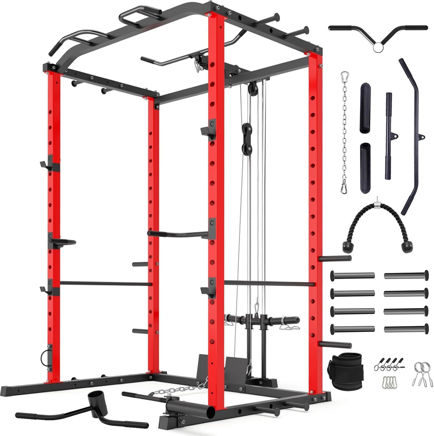 VANSWE Power Cage with LAT Pulldown Attachment, 1200-Pound Capacity Power Rack Full Home Gym Equipment with Multi-Grip Pull-up Bar, Landmine, T bar and Dip Handle - Image 2