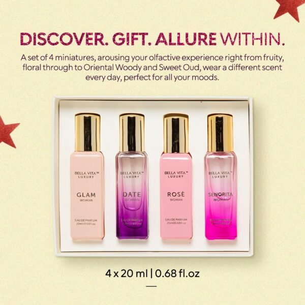 Bella Vita Eau De Parfum Set for Women (4x20 mL) with Date, Senorita, Glam, Rose | Vanilla, Floral, Sweet, Musk | Perfect for trials, gifting, or blending to craft your unique fragrance - Image 5