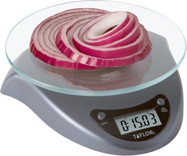 Taylor Digital Kitchen Scale with Glass Platform, Tare Button, and Plastic Body Weighs up to 11 Pounds Capacity, Silver - Image 2