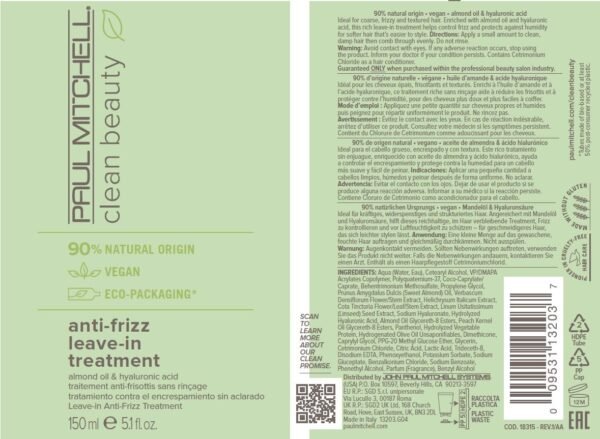 Paul Mitchell Clean Beauty Anti-Frizz Leave-In Treatment, Leave-In Conditioner, Anti-Humidity, For Textured, Frizz-Prone Hair, 5.1 fl. oz. - Image 8