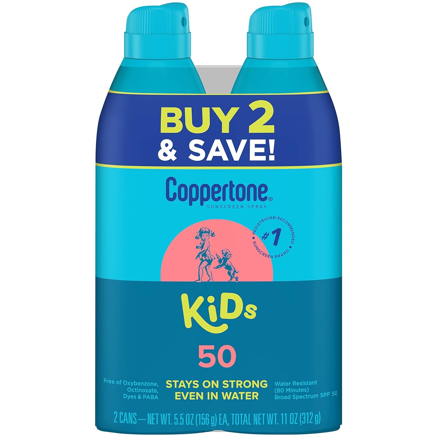 Coppertone Sunscreen Spray SPF 50, Broad Spectrum, Water Resistant for Kids, #1 Pediatrician Recommended Brand, 5.5 Ounce (Pack of 2) - Image 2