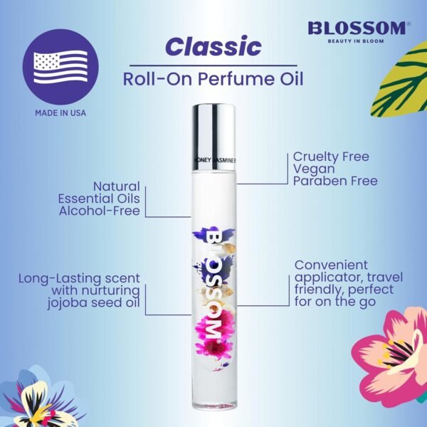 Blossom Roll on Perfume for Women Alcohol Free Rollerball Perfume Oil with Essential Oils, Infused with Real Flowers, Made in USA, 0.3oz, 3 pack Mini Gift Set, Hibiscus/Honey Jasmine/Rose - Image 6