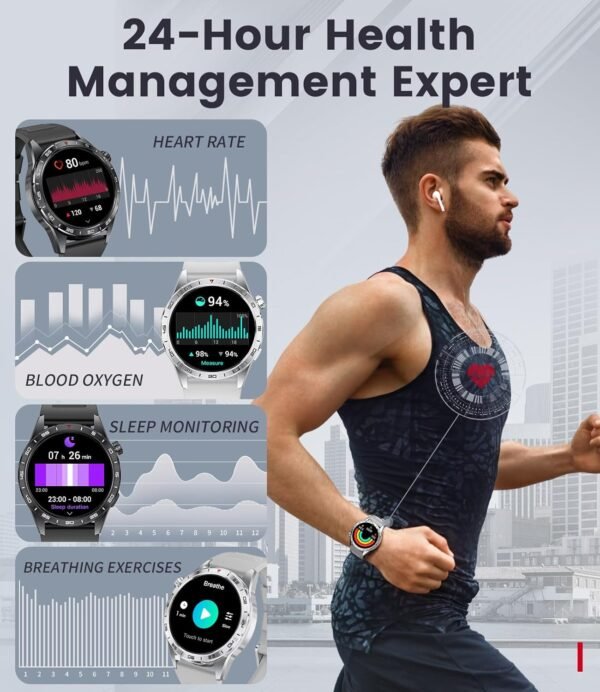 Smart Watch for Men (3 Straps),Answer/Make Calls,1.43'' AMOLED,IP68 Waterproof,110+ Sports Modes Fitness Watch with Sleep Monitor/SpO2/Heart Rate/Pedometer Rugged Smart Watch for Android/iOS Silver - Image 6