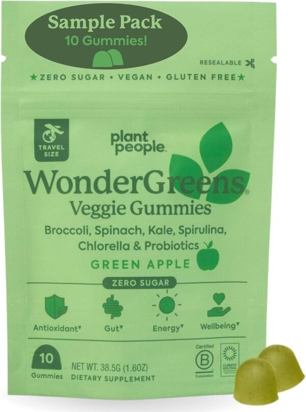 Plant People WonderGreens Veggie Gummies Super Greens with Probiotics Multivitamin Support Gummy for Wellbeing, Energy, Immune and Gut Health, Green Apple Flavor (Trial Size, 10 Count) - Image 2