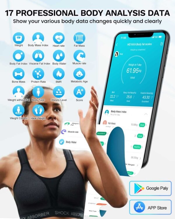 Smart Scale for Body Weight, Digiatl Weight Scale with Large LCD Display, 17 Body Composition Analyzer Sync to APP, Bathroom Body Fat Scale for BMI, BMR, Heart Rate, 400lb,White. - Image 3