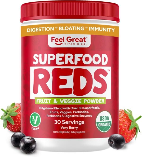 ​Feel Great Organic Superfood Reds Powder Packed with Beet Root Powder | Digestive Support Including Bloating Relief | Fruit and Veggie Polyphenols Supplement. - Image 2