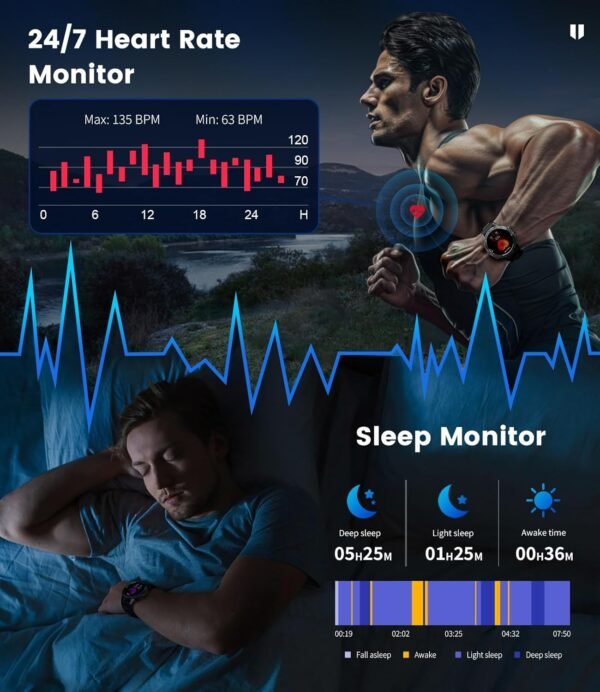 Military Smart Watches for Men(Answer/Make Calls) with LED Flashlight,530mAh Large Battery,1.43’’ AMOLED Fitness Tracker Heart Rate/SpO2/Sleep Monitor 5ATM Smartwatch for Android iOS,100+Sport Modes - Image 7