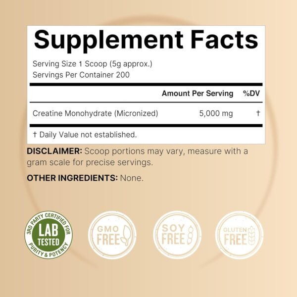 Creatine Monohydrate Powder 1000 Grams, 5000mg Per Serving | Pure Unflavored Creatine Powder – Micronized – Pre Workout – Keto – Vegan – Dissolves Easy – Filler Free – 200 Servings (2.2lbs) - Image 3
