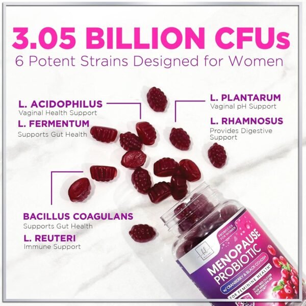 Menopause Supplements for Women Gummies with Black Cohosh, Cranberry & 3 Billion CFU Probiotics - Natural Menopause Balance Relief for Hot Flashes, Night Sweats, Gut & Immune Support - 60 Gummies - Image 6
