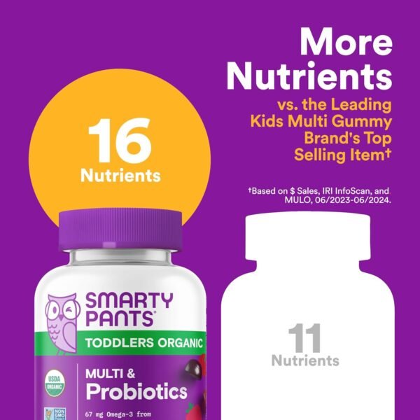 SmartyPants Organic Toddler Multivitamin Gummies: Probiotics, Omega 3 (ALA), Vitamin D3, C, Vitamin B12, B6, A, K & Zinc, Beta Carotene, Gluten Free, Three Fruit Flavors, 60 Count (30 Day Supply) - Image 6