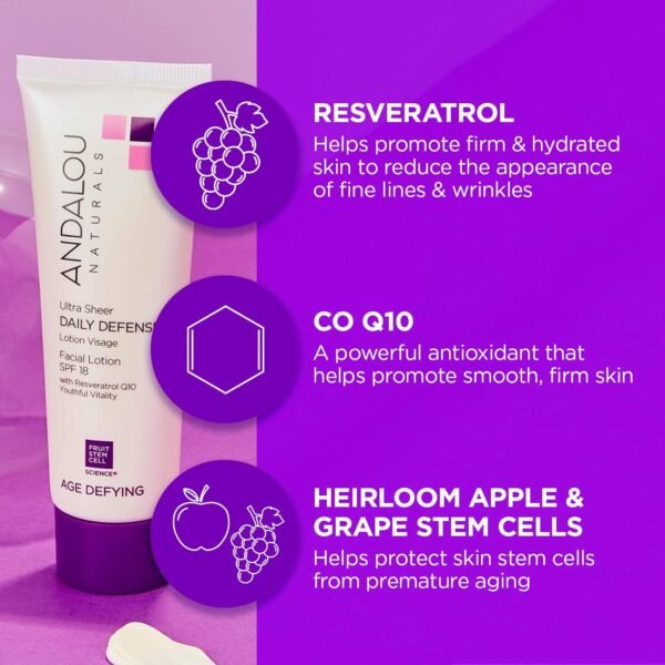 Andalou Naturals Ultra Sheer Daily Defense Facial Lotion, SPF 18, 2.7 oz, with Resveratrol CoQ10 and Antioxidants, Lightweight, Hydrating Facial Moisturizer - Image 4