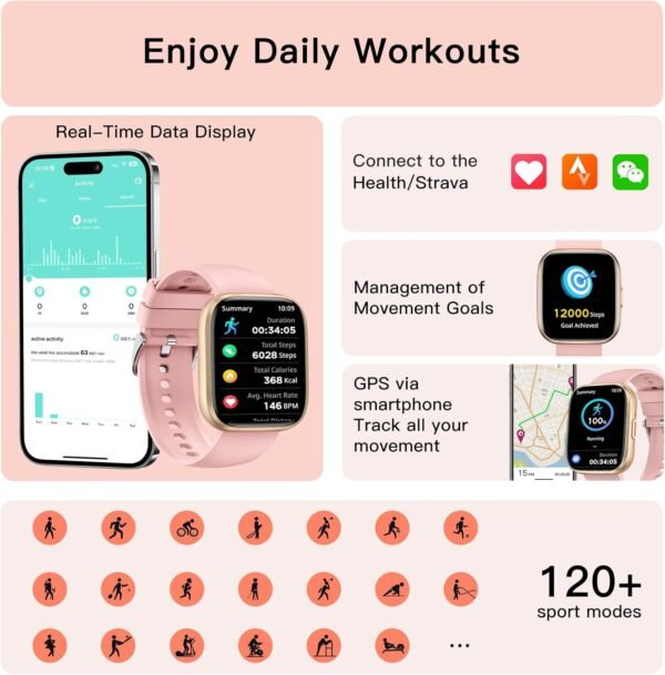 Smart Watches for Women, 1.85" Fitness Watch Answer/Make Calls, Fitness Tracker with Pedometer/Calories, 24/7Heart Rate/SpO2/Sleep Tracker, Waterproof Smart Watch for Android iPhone(2 Straps) - Image 4