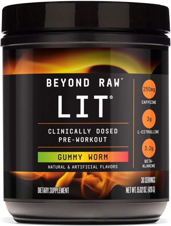 BEYOND RAW LIT PreWorkout Powder Supplement for Men and Women, Energy, Focus, Endurance, Pumps, Nitric Oxide Boost, 250mg Caffeine, Creatine, Beta Alanine, Gummy Worm, 30 Servings - Image 2
