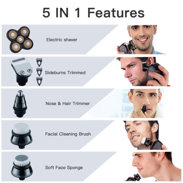 Electric Razor for Men Head Shaver for Bald Men Grooming Kit 5 in 1 Wet Dry Rotary Shavers Nose Hair Beard Trimmer Clippers Facial Cleansing Brush Cordless Waterproof USB Charging Rechargeable - Image 6