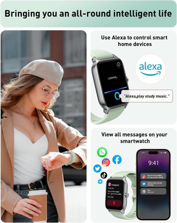 Smart Watch for Women Android & iPhone, Alexa Built-in, 1.8" Fitness Watches with Bluetooth Call (Answer/Make), Heart Rate/Sleep/SpO2 Monitor, IP68 Waterproof Fitness Tracker, 101+ Sports, Green - Image 4