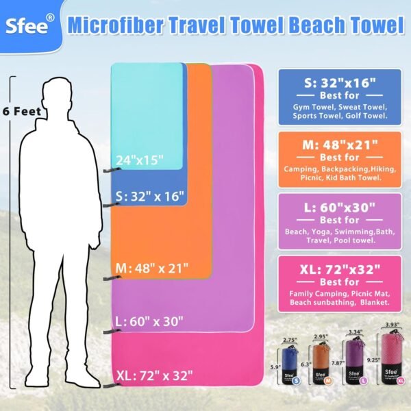 Sfee 2 Pack Microfiber Travel Towel, Quick Dry Towel Camping Towel Beach Towel Super Absorbent Compact Lightweight Sports Towel Gym Towel Set for Beach, Gym, Hiking, Pool, Backpacking, Bath, Yoga - Image 5