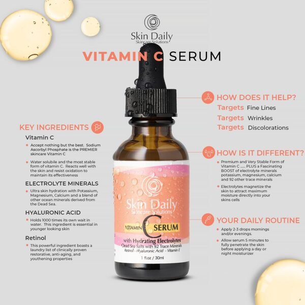 Antioxidant Vitamin C Serum for Face- Infused with Electrolytes, Hyaluronic Acid, Retinol - 1 oz - Image 9