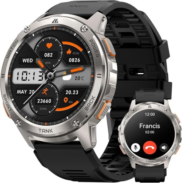 Smart Watches for Men, 480mAh Extra-Large Battery, 50M Waterproof, Military Fitness Watch Full Metal Body, Answer/Make Call, AI Voice Compatible for Android & iOS (Silver) - Image 2