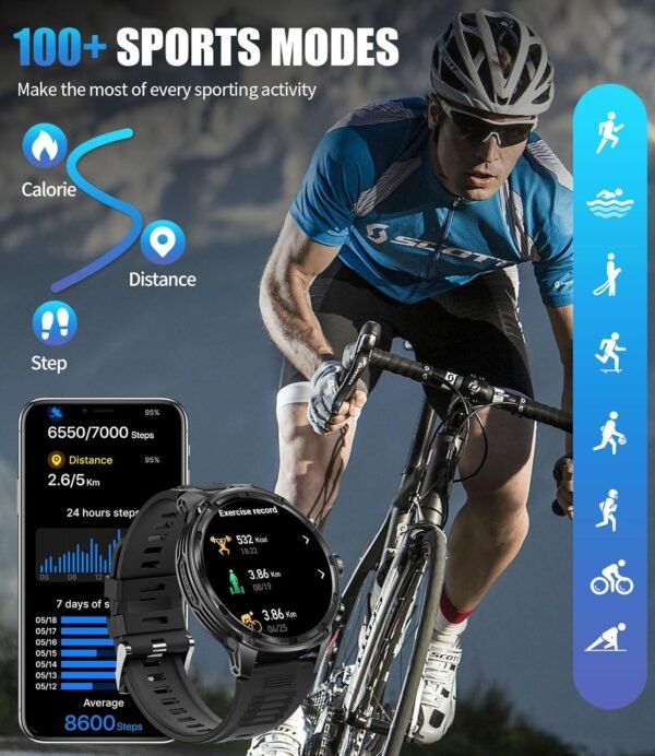 Smart Watch for Men(LED Flashlight), 1.85" Extra Large Smartwatch, 800mAh Extra-Long Battery, IP67 Waterproof Fitness Tracker Watch, 100+ Sports Mode/Heart Rate/Sleep Monitor for Android iOS - Image 6