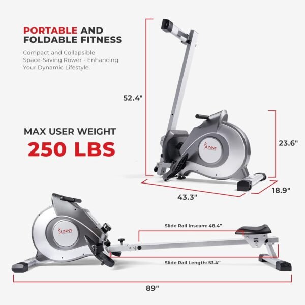 Sunny Health & Fitness Flip & Foldable Rowing Machine for Home w/Extended Slide Rail, Full-Body Workout, Low-Impact, Optional Extra Long Rail, Quiet Rail Cover, Water Motion and Free SunnyFit App - Image 6