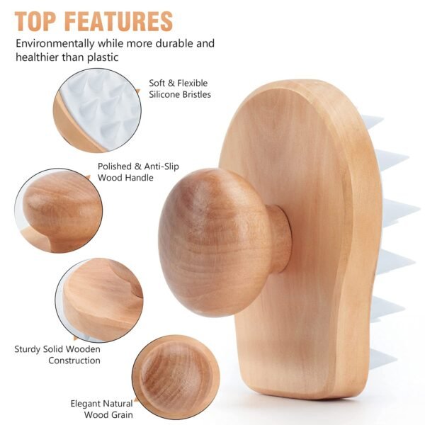 Scalp Massager Shampoo Brush, Wooden Wet and Dry Hair Scalp Care Brush, Shower Brush Scalp Scrubber Exfoliator with Soft Silicone Bristles for Dandruff Removal, Hair Growth (White) - Image 4