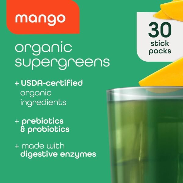 Zena Organic Super Greens Powder, 70+ Superfoods Drink Mix, 0 Sugar, 3G Fiber, Fruits, Veggies, Spirulina, Chlorella, Antioxidants, Pre & Probiotics, Digestive Enzymes, Mango Flavor, 30 Packets - Image 3