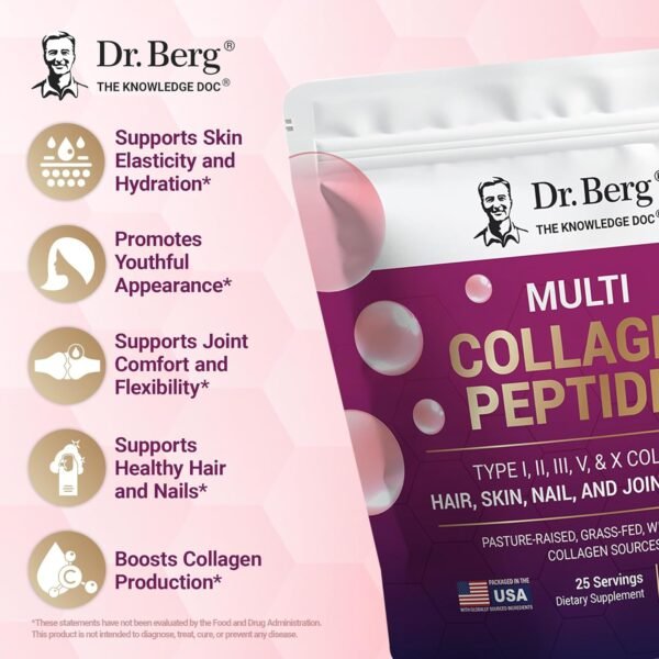 Dr. Berg Multi Collagen Peptides Powder Types I, II, III, V, X - Unflavored Collagen Powder w/ 14 g of Protein - Grass-Fed, Pasture-Raised & Wild-Caught Collagen Sources - 25 Servings - Image 4