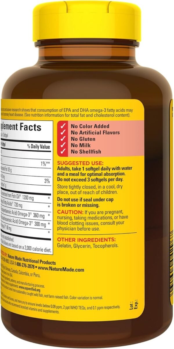 Nature Made Omega 3 Fish Oil 1200 mg, Fish Oil Supplements as Ethyl Esters, Omega 3 Fish Oil for Healthy Heart, Brain and Eyes Support, One Per Day, Omega 3 Supplement with 100 Softgels - Image 9