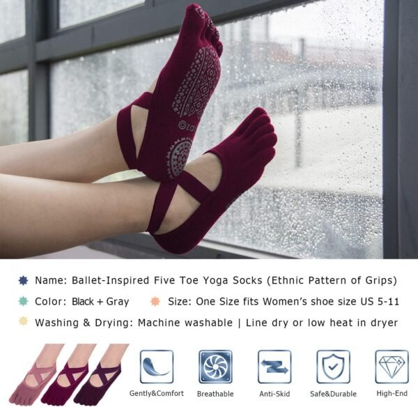 Ozaiic Yoga Socks for Women with Grips, Non-Slip Five Toe Socks for Pilates, Barre, Ballet, Fitness - Image 3