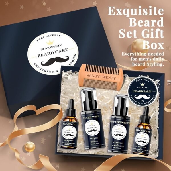 Beard Growth Kit - 7 Pcs Beard Care Kit for Men, Includes Beard Wash, Beard Oil&Growth Oil, Beard Conditioner, Beard Balm, Beard Comb, Gift Box Set for Boyfriend Husband Fathers - Image 4